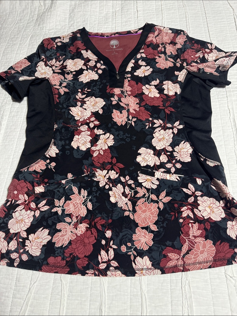 healing hands Black Scrub Top with Pink & Burgundy Floral Print